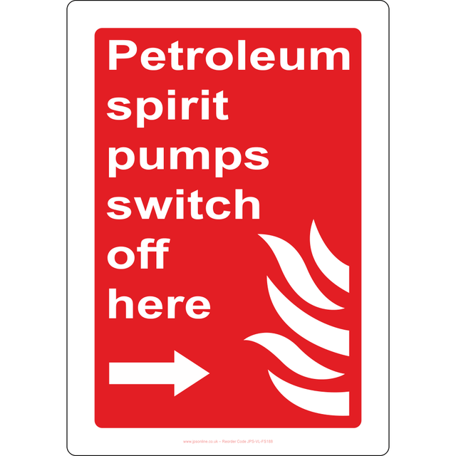 Petroleum Spirit Pumps Switch Off Here Arrow Right Sign - JPS Online Ltd