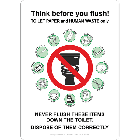 Think Before You Flush Sign - JPS Online Ltd