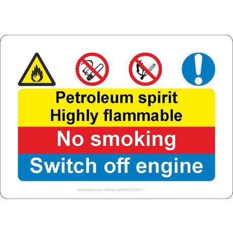 Petroleum Spirit Highly Flammable/No Smoking/Switch Off Engine Sign - JPS Online Ltd