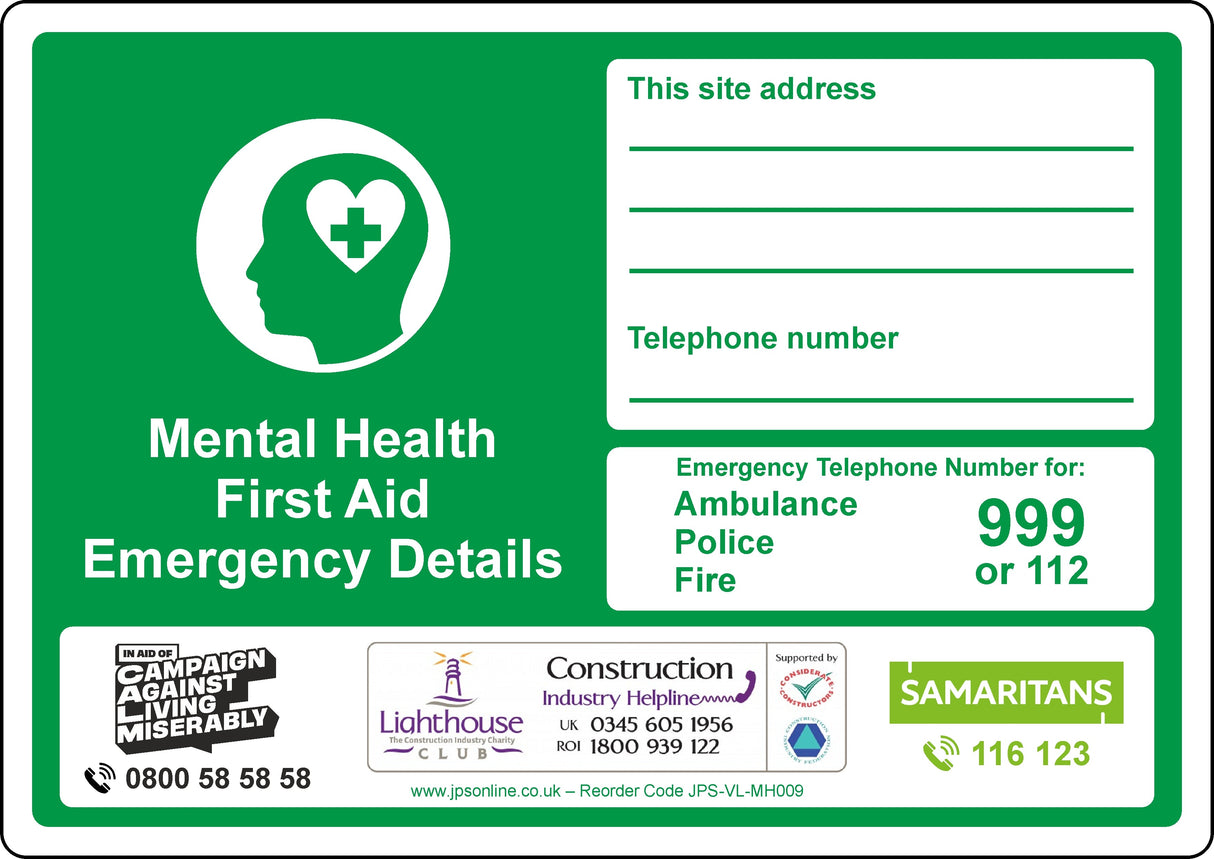 Mental Health First Aid Emergency Details Sign